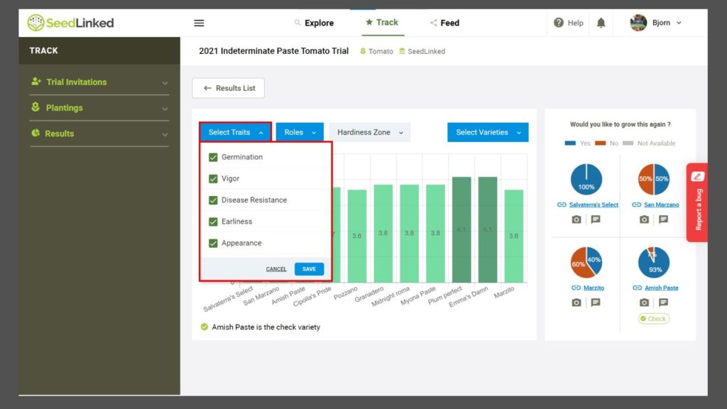 SeedLinked Web - how to view vareity trial results by traits