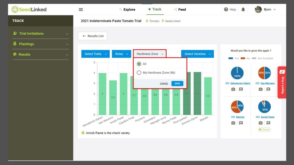 SeedLinked Web - how to view results by hardiness zone