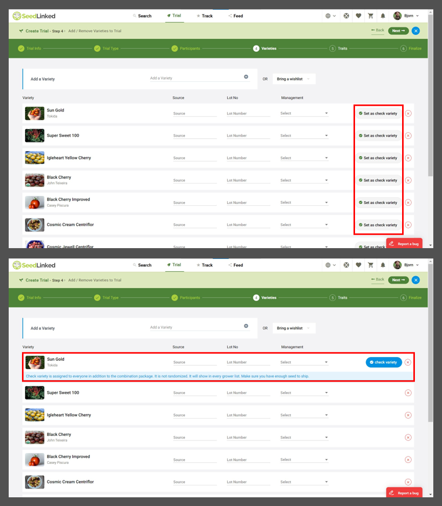 Setting a check variety in a Sub-set Trial on SeedLinked Trial Manager.