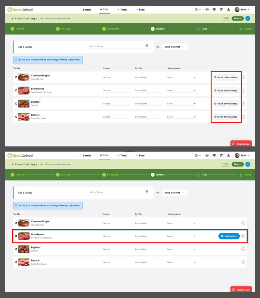 Setting a check variety in a Full-set Trial on SeedLinked Trial Manager.