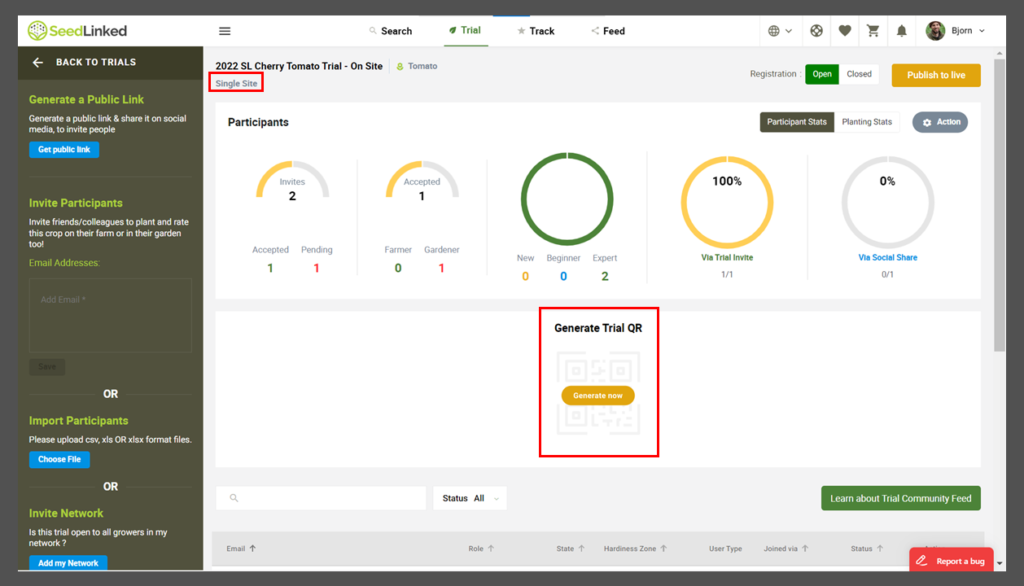 How to generate a QR code for single-site trials on SeedLinked Trial Manager.