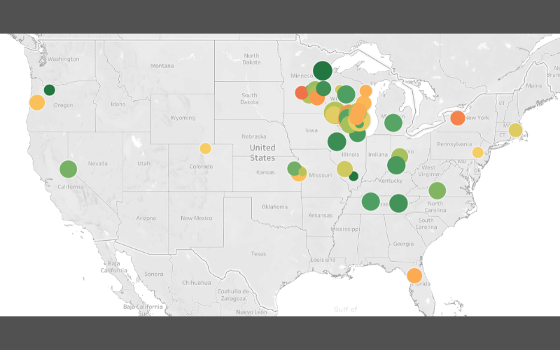 2022 SeedLinked Slicer Tomato Collaborative Variety Trial Participant Locations - Reviews in green are higher and reviews in red are lower.